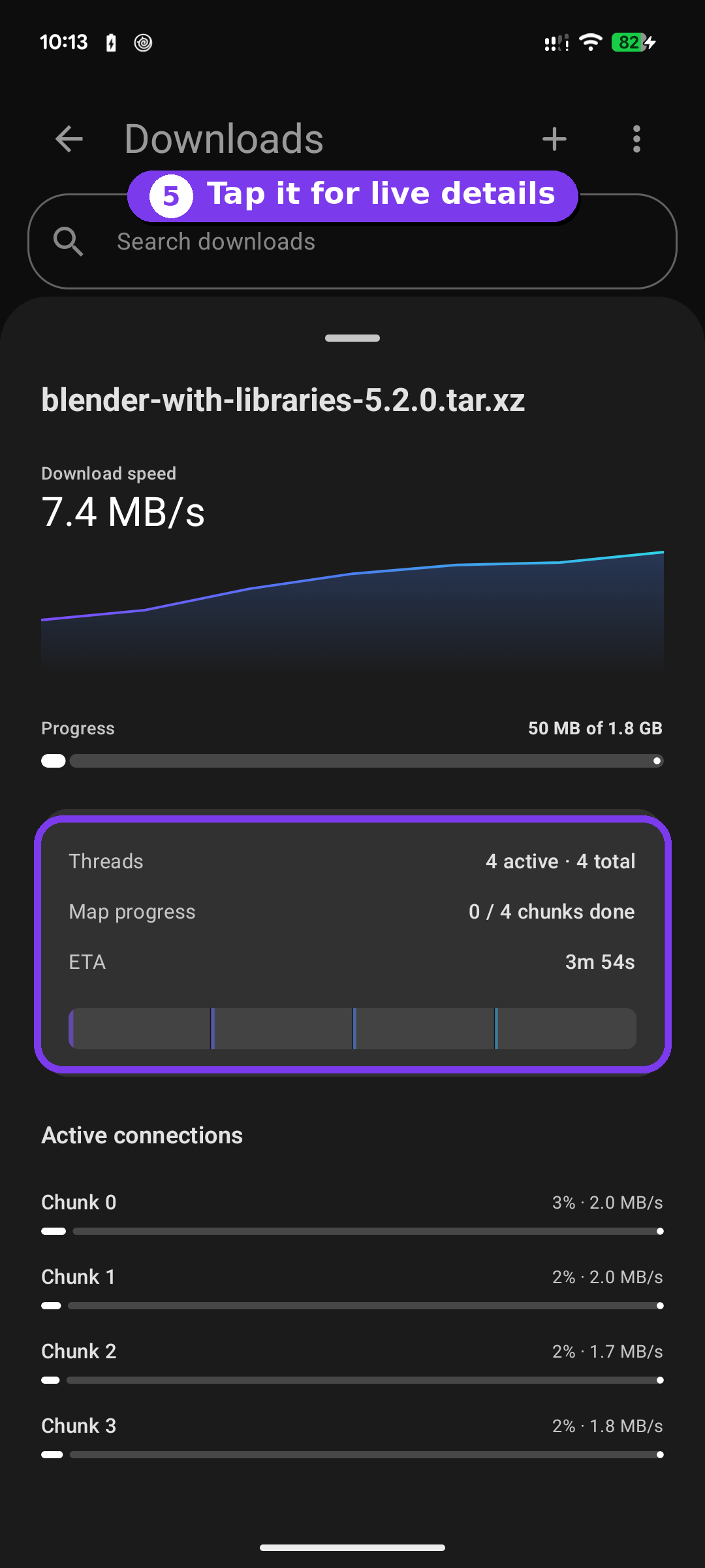 Detailed download view with speed graph, threads, per-chunk connections and ETA