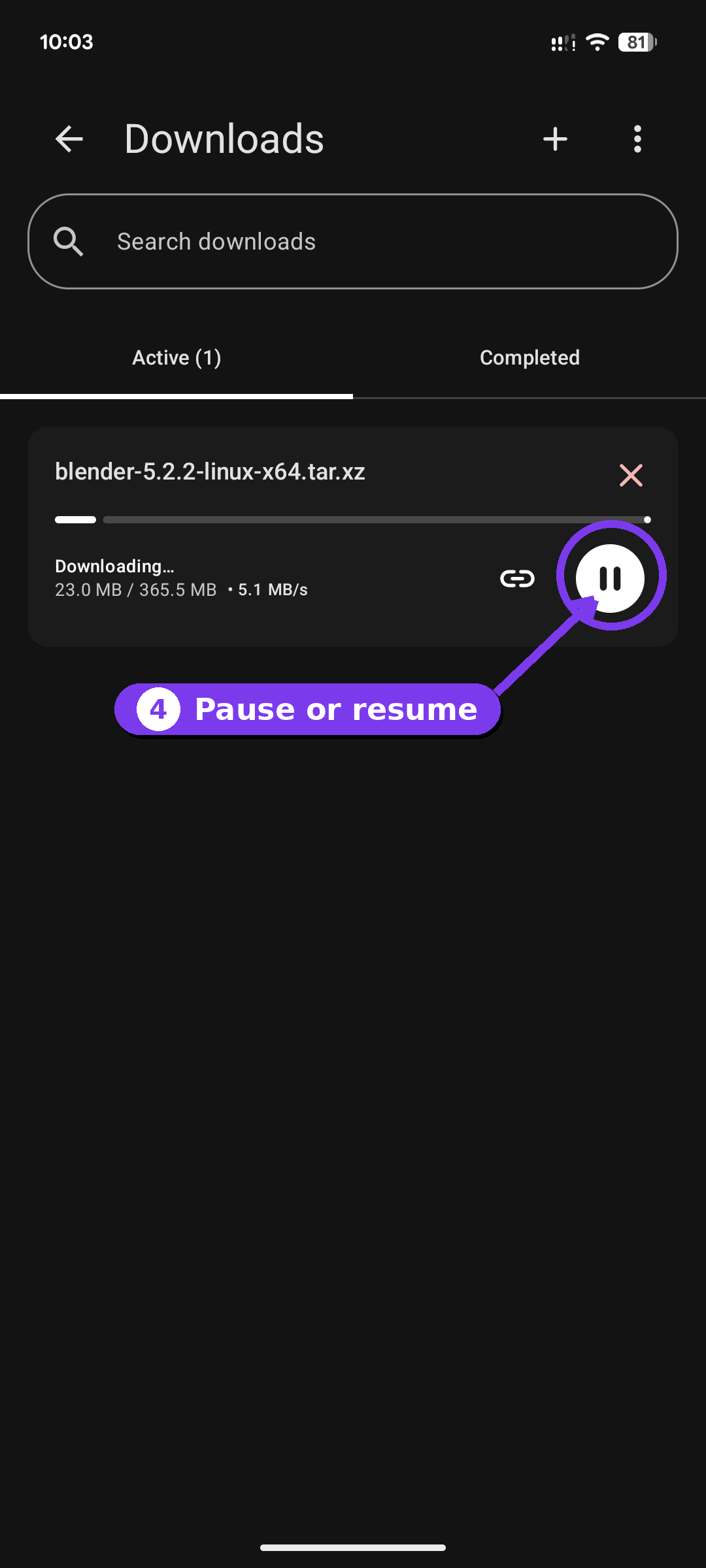 Downloads screen showing a file downloading with speed and a pause control