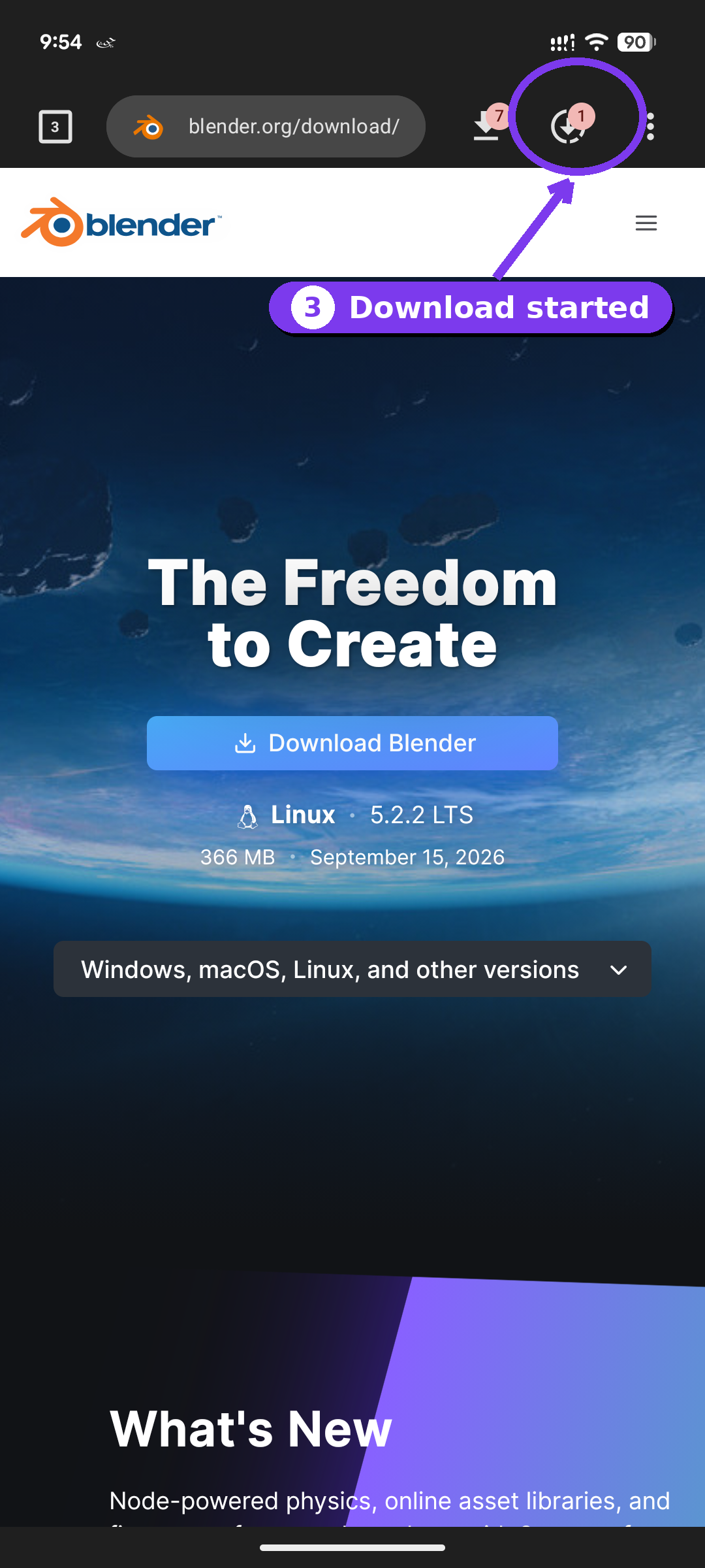 Toolbar downloads button lit up with an indicator once a download begins